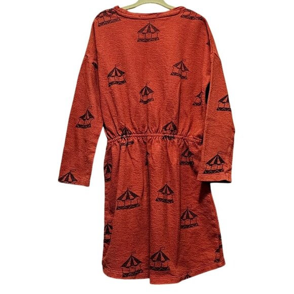 Sproet & Sprout Rust Red Sailboat Print Girls Dress 100% Cotton Long Sleeve Elas - Picture 2 of 5